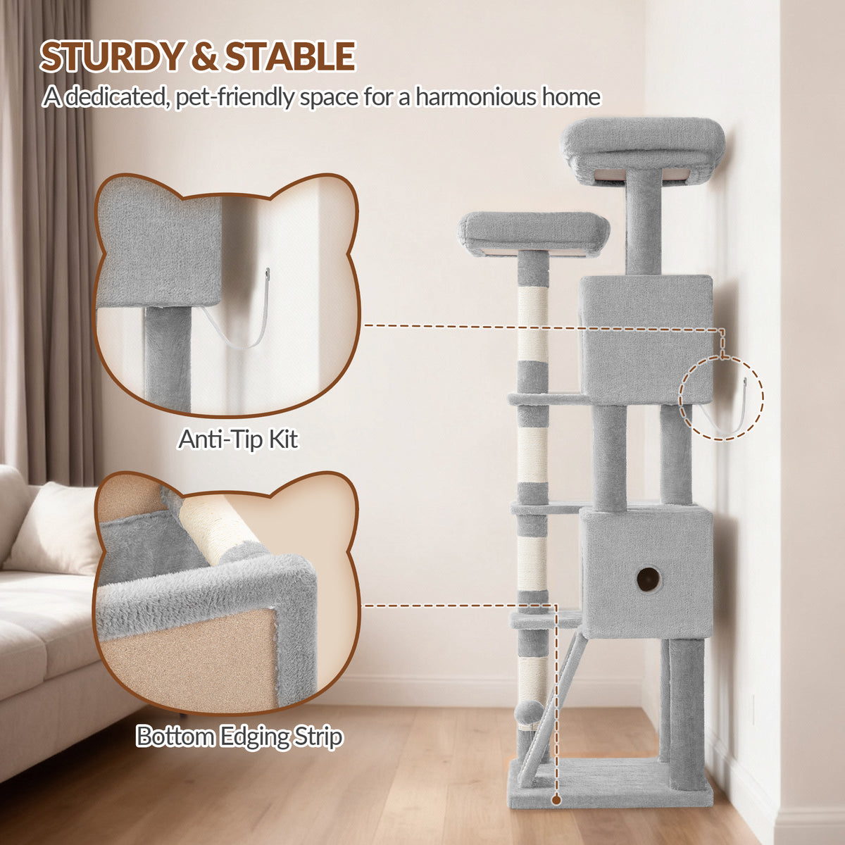 Fobyfurny Cat Tree Large Cat Scratching Post Large Cats Stable with Scratching Posts Scratching Board 2 Comfortable Cat Caves, 2 Top Platforms, Side Rest Platform, Pompoms, Light Grey,FPMS004FG1