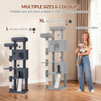 Fobyfurny Cat Tree Large Cat Scratching Post Large Cats Stable with Scratching Posts Scratching Board 2 Comfortable Cat Caves, 2 Top Platforms, Side Rest Platform, Pompoms, Light Grey,FPMS004FG1