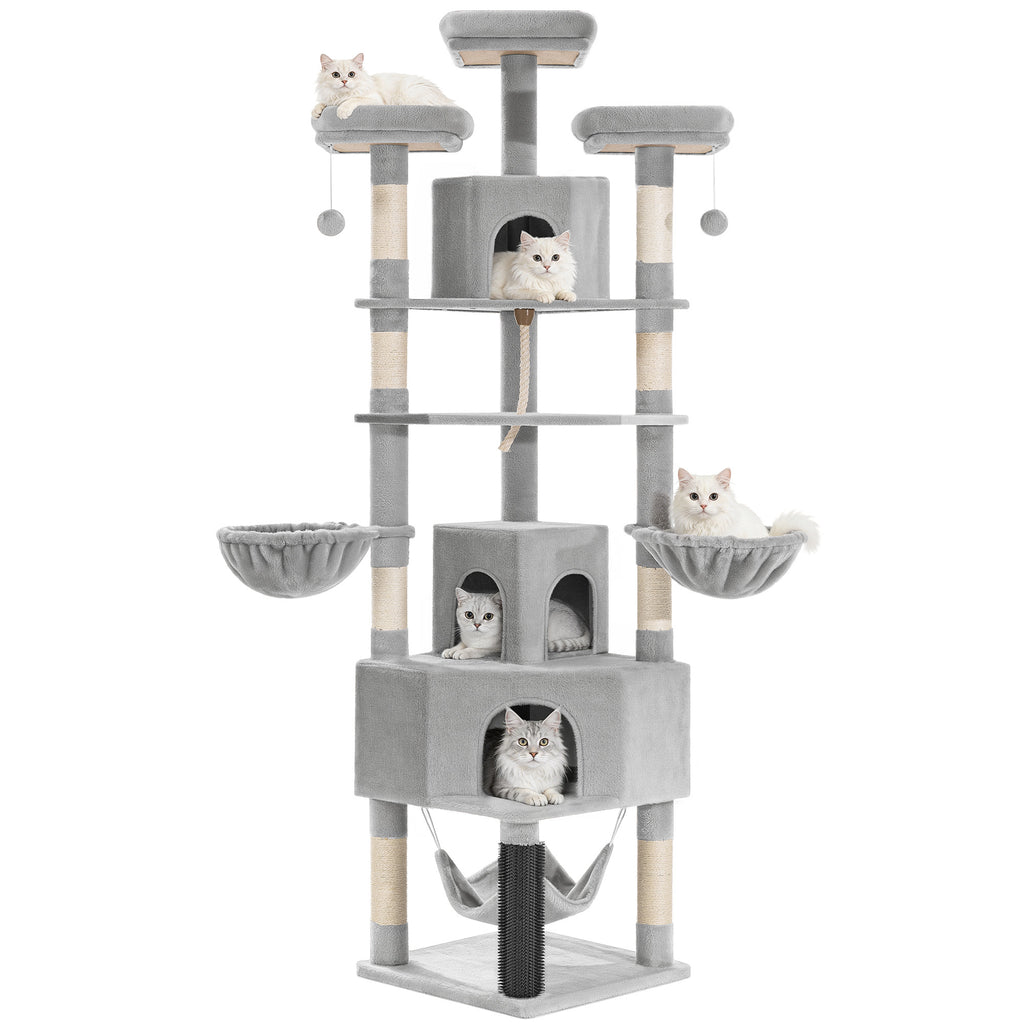 Fobyfurny Large Cat Tree, 220 cm, XXL Stable Cat Tree with Large Caves, 3 Platforms, 8 Sisal Posts, Hammock, Cat Brushes, Baskets, Thick Sisal Rope, Light Grey FPMS011FG1
