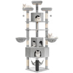 Fobyfurny Large Cat Tree, 220 cm, XXL Stable Cat Tree with Large Caves, 3 Platforms, 8 Sisal Posts, Hammock, Cat Brushes, Baskets, Thick Sisal Rope, Light Grey FPMS011FG1