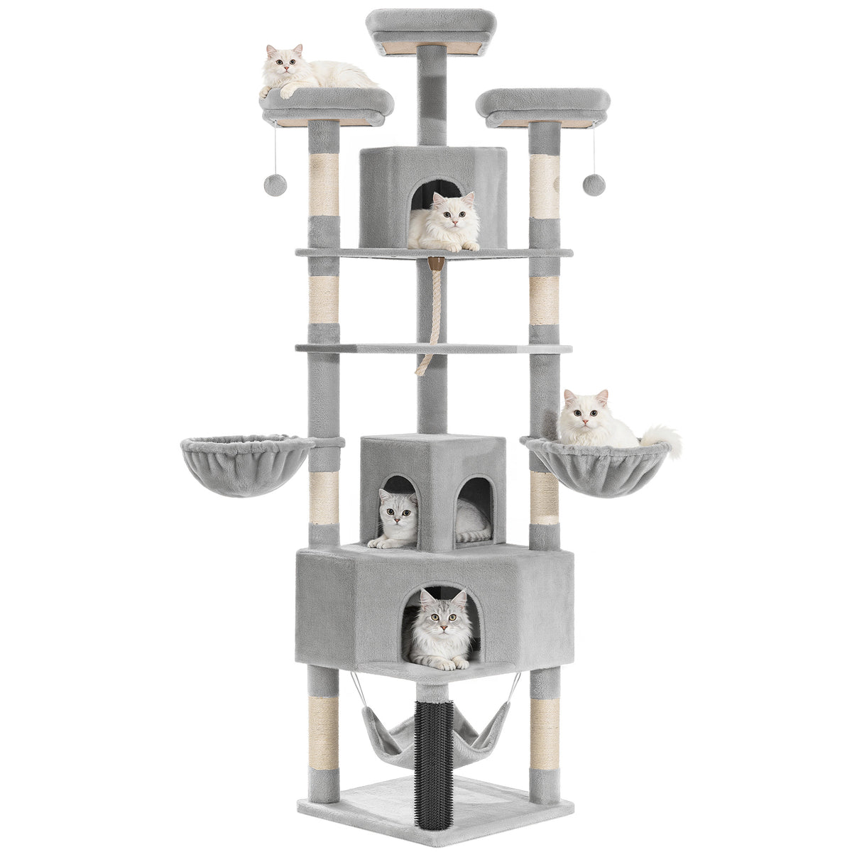 Fobyfurny Large Cat Tree, 220 cm, XXL Stable Cat Tree with Large Caves, 3 Platforms, 8 Sisal Posts, Hammock, Cat Brushes, Baskets, Thick Sisal Rope, Light Grey FPMS011FG1