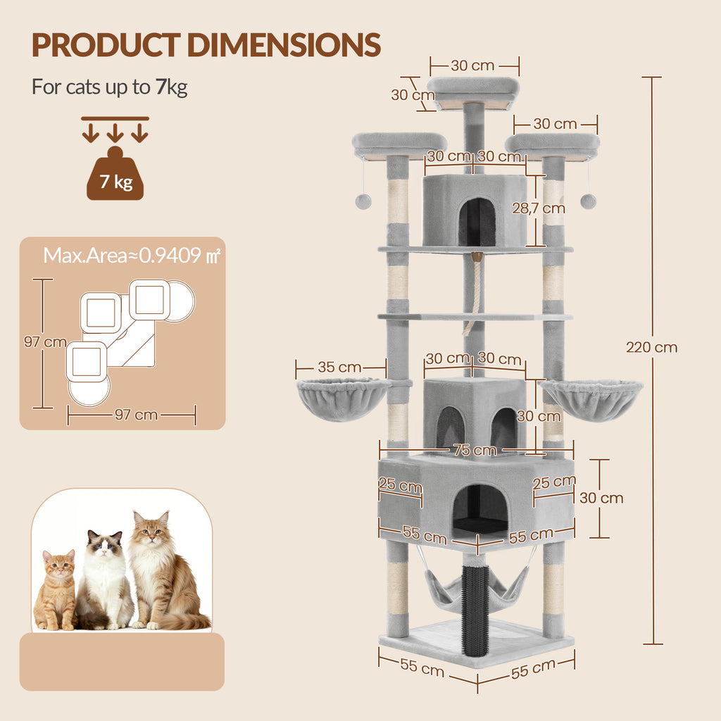 Fobyfurny Large Cat Tree, 220 cm, XXL Stable Cat Tree with Large Caves, 3 Platforms, 8 Sisal Posts, Hammock, Cat Brushes, Baskets, Thick Sisal Rope, Light Grey FPMS011FG1
