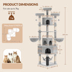 Fobyfurny Large Cat Tree, 220 cm, XXL Stable Cat Tree with Large Caves, 3 Platforms, 8 Sisal Posts, Hammock, Cat Brushes, Baskets, Thick Sisal Rope, Light Grey FPMS011FG1