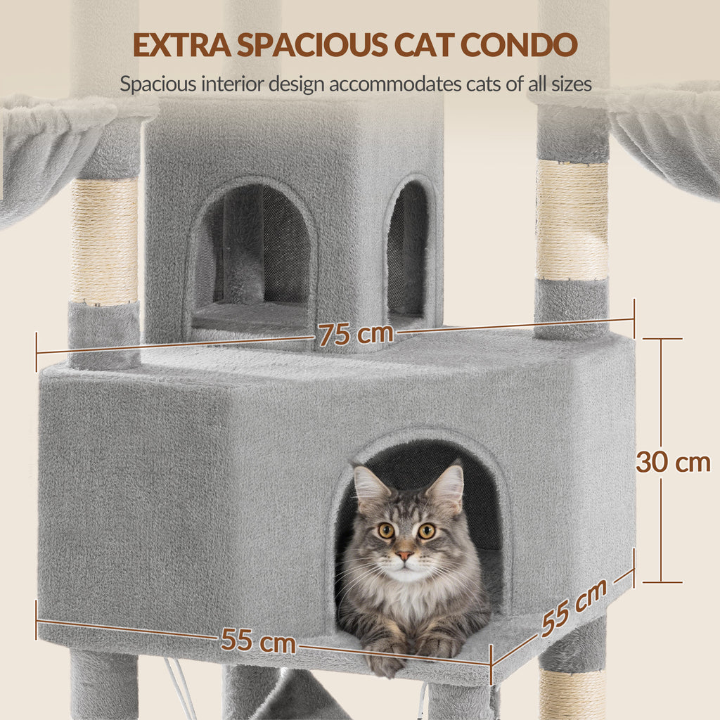 Fobyfurny Large Cat Tree, 220 cm, XXL Stable Cat Tree with Large Caves, 3 Platforms, 8 Sisal Posts, Hammock, Cat Brushes, Baskets, Thick Sisal Rope, Light Grey FPMS011FG1