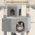 Fobyfurny Large Cat Tree, 220 cm, XXL Stable Cat Tree with Large Caves, 3 Platforms, 8 Sisal Posts, Hammock, Cat Brushes, Baskets, Thick Sisal Rope, Light Grey FPMS011FG1