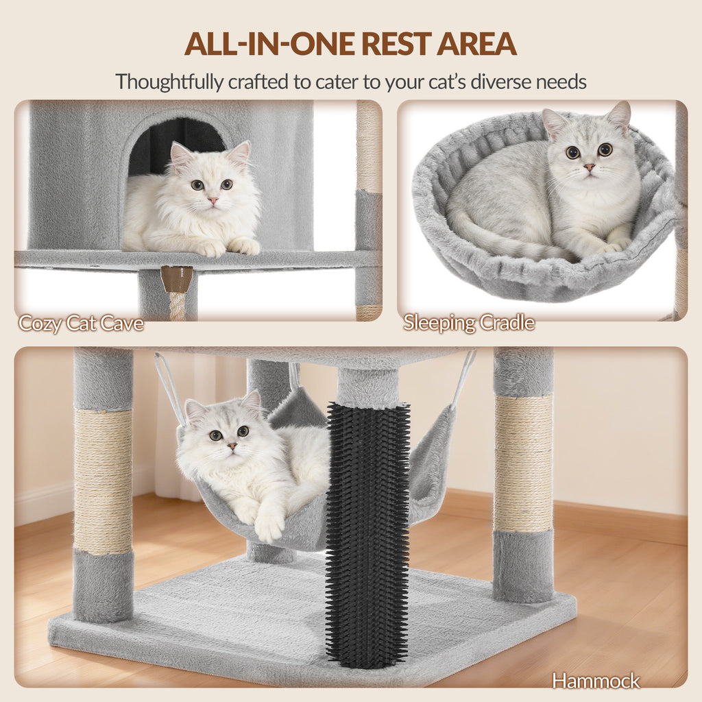 Fobyfurny Large Cat Tree, 220 cm, XXL Stable Cat Tree with Large Caves, 3 Platforms, 8 Sisal Posts, Hammock, Cat Brushes, Baskets, Thick Sisal Rope, Light Grey FPMS011FG1