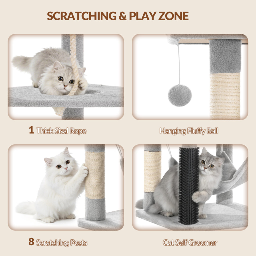 Fobyfurny Large Cat Tree, 220 cm, XXL Stable Cat Tree with Large Caves, 3 Platforms, 8 Sisal Posts, Hammock, Cat Brushes, Baskets, Thick Sisal Rope, Light Grey FPMS011FG1