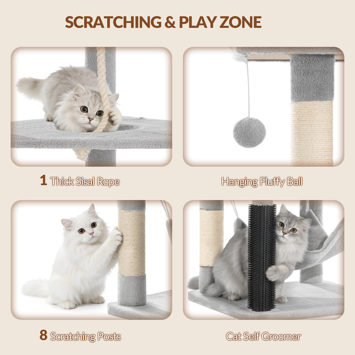 Fobyfurny Large Cat Tree, 220 cm, XXL Stable Cat Tree with Large Caves, 3 Platforms, 8 Sisal Posts, Hammock, Cat Brushes, Baskets, Thick Sisal Rope, Light Grey FPMS011FG1