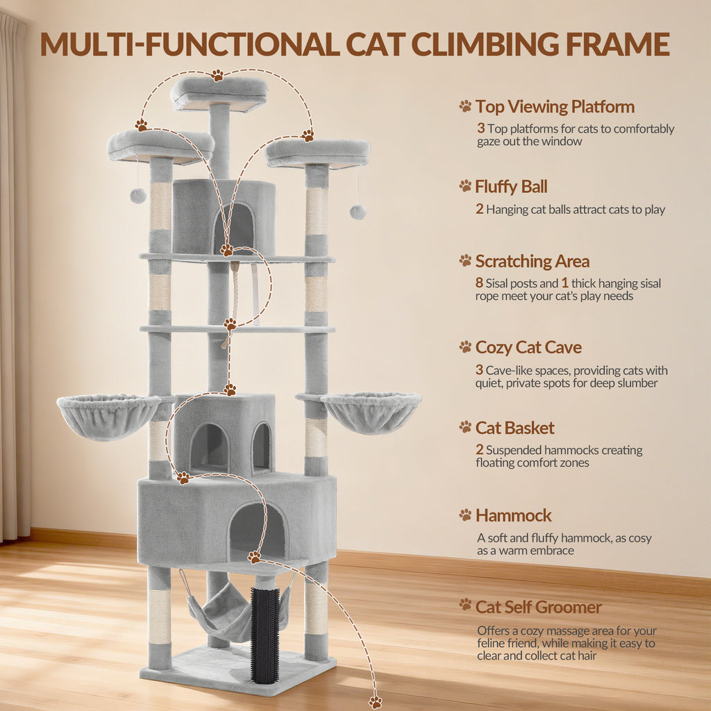 Fobyfurny Large Cat Tree, 220 cm, XXL Stable Cat Tree with Large Caves, 3 Platforms, 8 Sisal Posts, Hammock, Cat Brushes, Baskets, Thick Sisal Rope, Light Grey FPMS011FG1