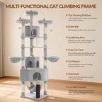 Fobyfurny Large Cat Tree, 220 cm, XXL Stable Cat Tree with Large Caves, 3 Platforms, 8 Sisal Posts, Hammock, Cat Brushes, Baskets, Thick Sisal Rope, Light Grey FPMS011FG1