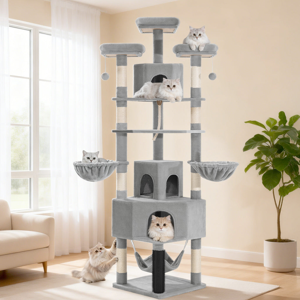 Fobyfurny Large Cat Tree, 220 cm, XXL Stable Cat Tree with Large Caves, 3 Platforms, 8 Sisal Posts, Hammock, Cat Brushes, Baskets, Thick Sisal Rope, Light Grey FPMS011FG1