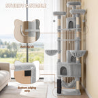 Fobyfurny Large Cat Tree, 220 cm, XXL Stable Cat Tree with Large Caves, 3 Platforms, 8 Sisal Posts, Hammock, Cat Brushes, Baskets, Thick Sisal Rope, Light Grey FPMS011FG1