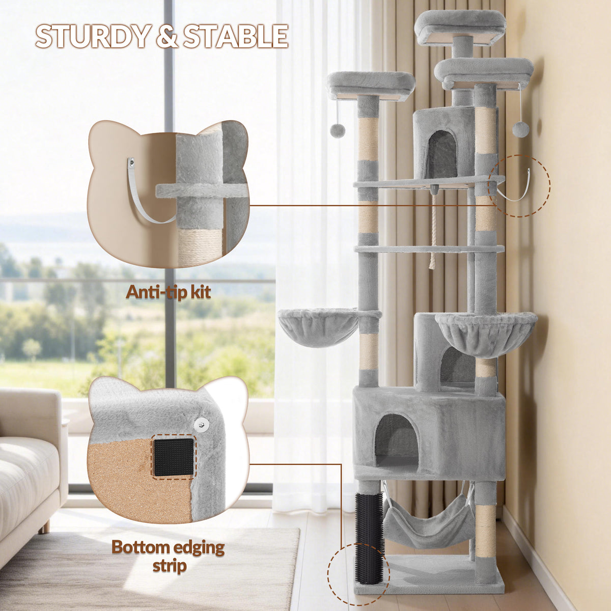 Fobyfurny Large Cat Tree, 220 cm, XXL Stable Cat Tree with Large Caves, 3 Platforms, 8 Sisal Posts, Hammock, Cat Brushes, Baskets, Thick Sisal Rope, Light Grey FPMS011FG1