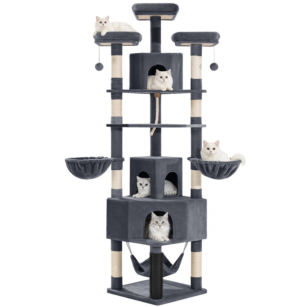 Fobyfurny Large Cat Tree, 220 cm, XXL Stable Cat Tree with Large Caves, 3 Platforms, 8 Sisal Posts, Hammock, Cat Brushes, Baskets, Thick Sisal Rope, Dark Grey FPMS011FG2