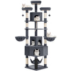 Fobyfurny Large Cat Tree, 220 cm, XXL Stable Cat Tree with Large Caves, 3 Platforms, 8 Sisal Posts, Hammock, Cat Brushes, Baskets, Thick Sisal Rope, Dark Grey FPMS011FG2