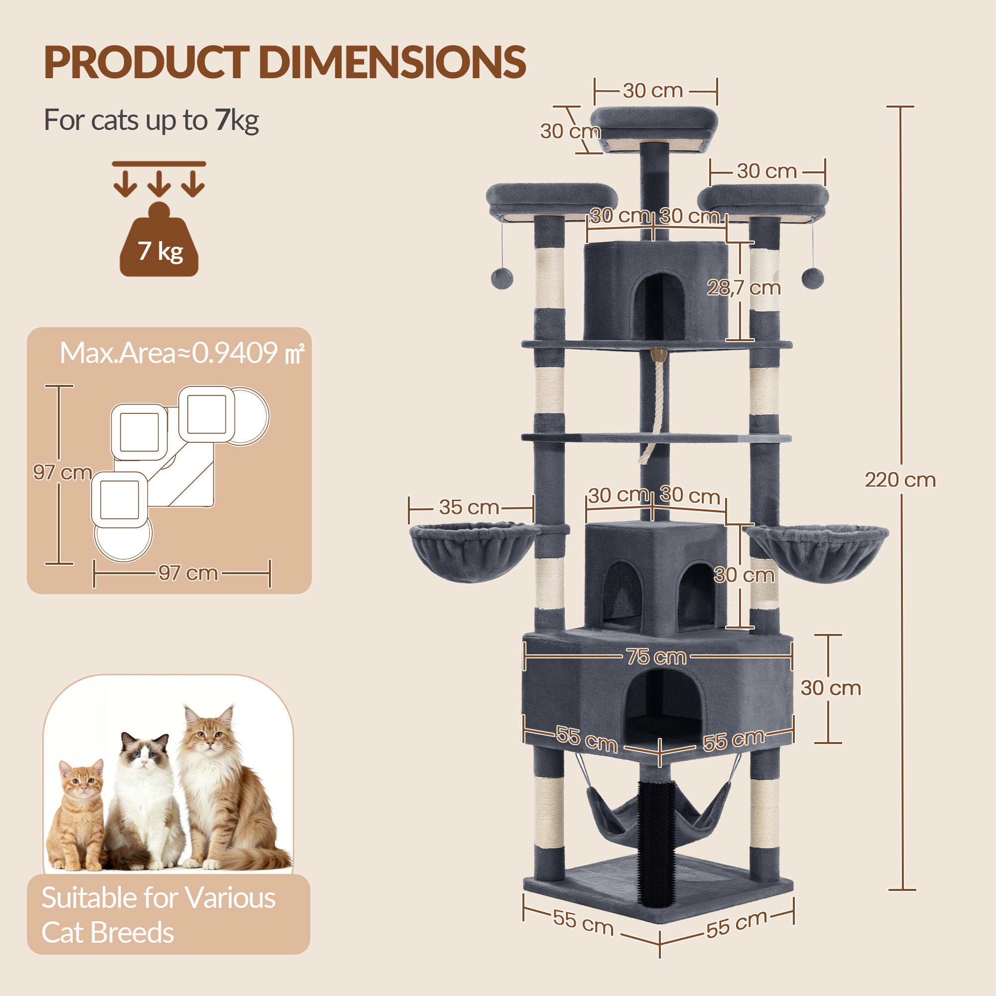 Fobyfurny Large Cat Tree, 220 cm, XXL Stable Cat Tree with Large Caves, 3 Platforms, 8 Sisal Posts, Hammock, Cat Brushes, Baskets, Thick Sisal Rope, Dark Grey FPMS011FG2