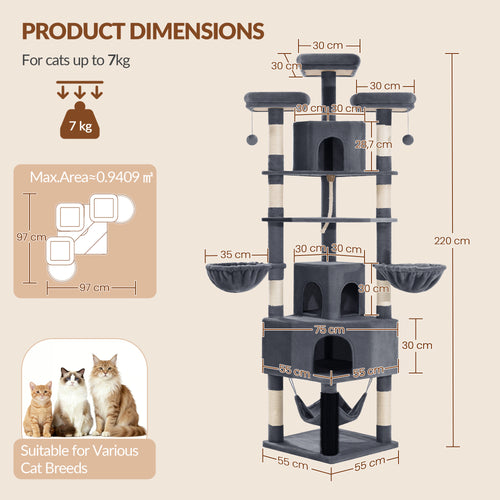 Fobyfurny Large Cat Tree, 220 cm, XXL Stable Cat Tree with Large Caves, 3 Platforms, 8 Sisal Posts, Hammock, Cat Brushes, Baskets, Thick Sisal Rope, Dark Grey FPMS011FG2