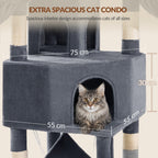 Fobyfurny Large Cat Tree, 220 cm, XXL Stable Cat Tree with Large Caves, 3 Platforms, 8 Sisal Posts, Hammock, Cat Brushes, Baskets, Thick Sisal Rope, Dark Grey FPMS011FG2