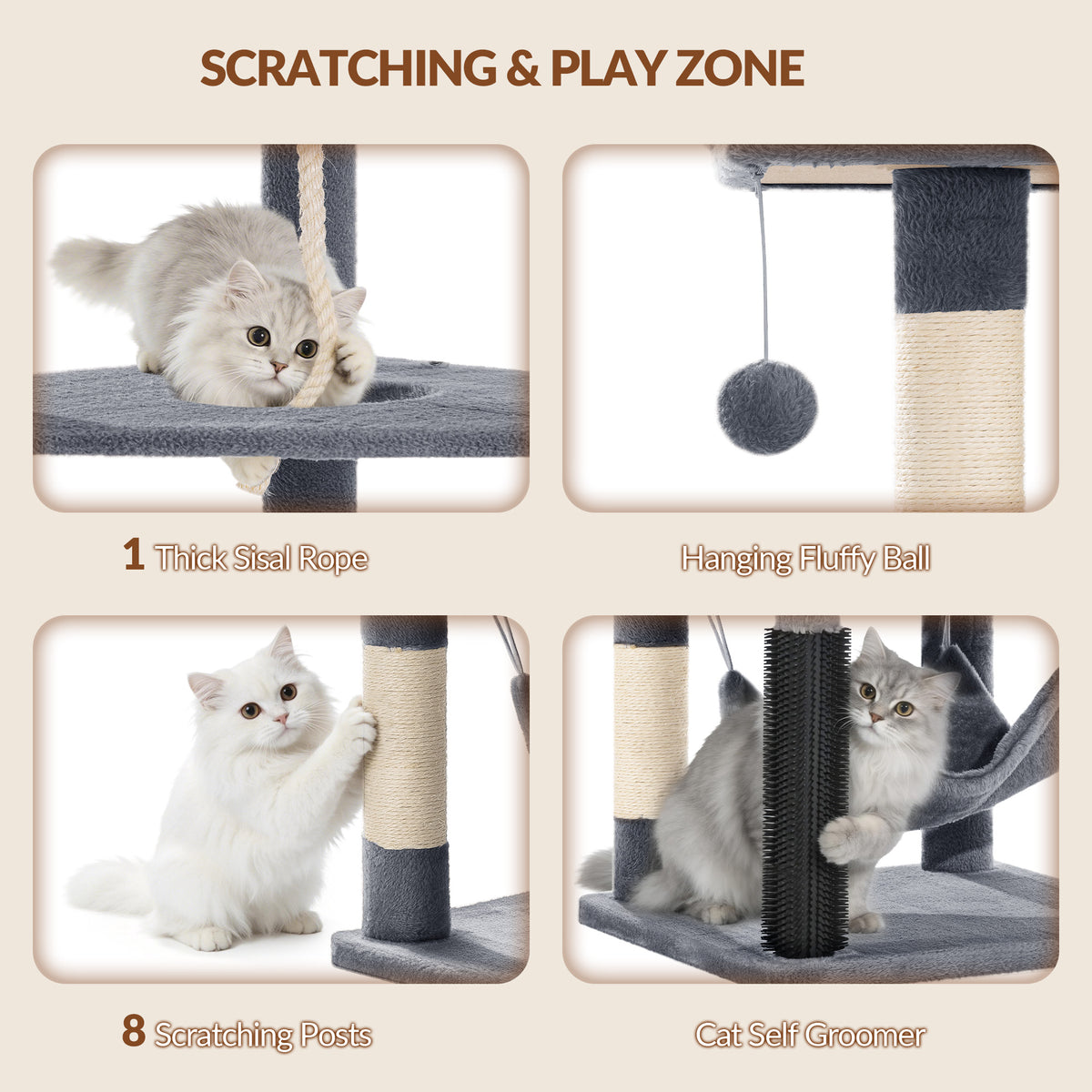 Fobyfurny Large Cat Tree, 220 cm, XXL Stable Cat Tree with Large Caves, 3 Platforms, 8 Sisal Posts, Hammock, Cat Brushes, Baskets, Thick Sisal Rope, Dark Grey FPMS011FG2