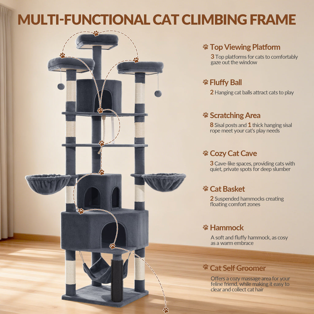 Fobyfurny Large Cat Tree, 220 cm, XXL Stable Cat Tree with Large Caves, 3 Platforms, 8 Sisal Posts, Hammock, Cat Brushes, Baskets, Thick Sisal Rope, Dark Grey FPMS011FG2