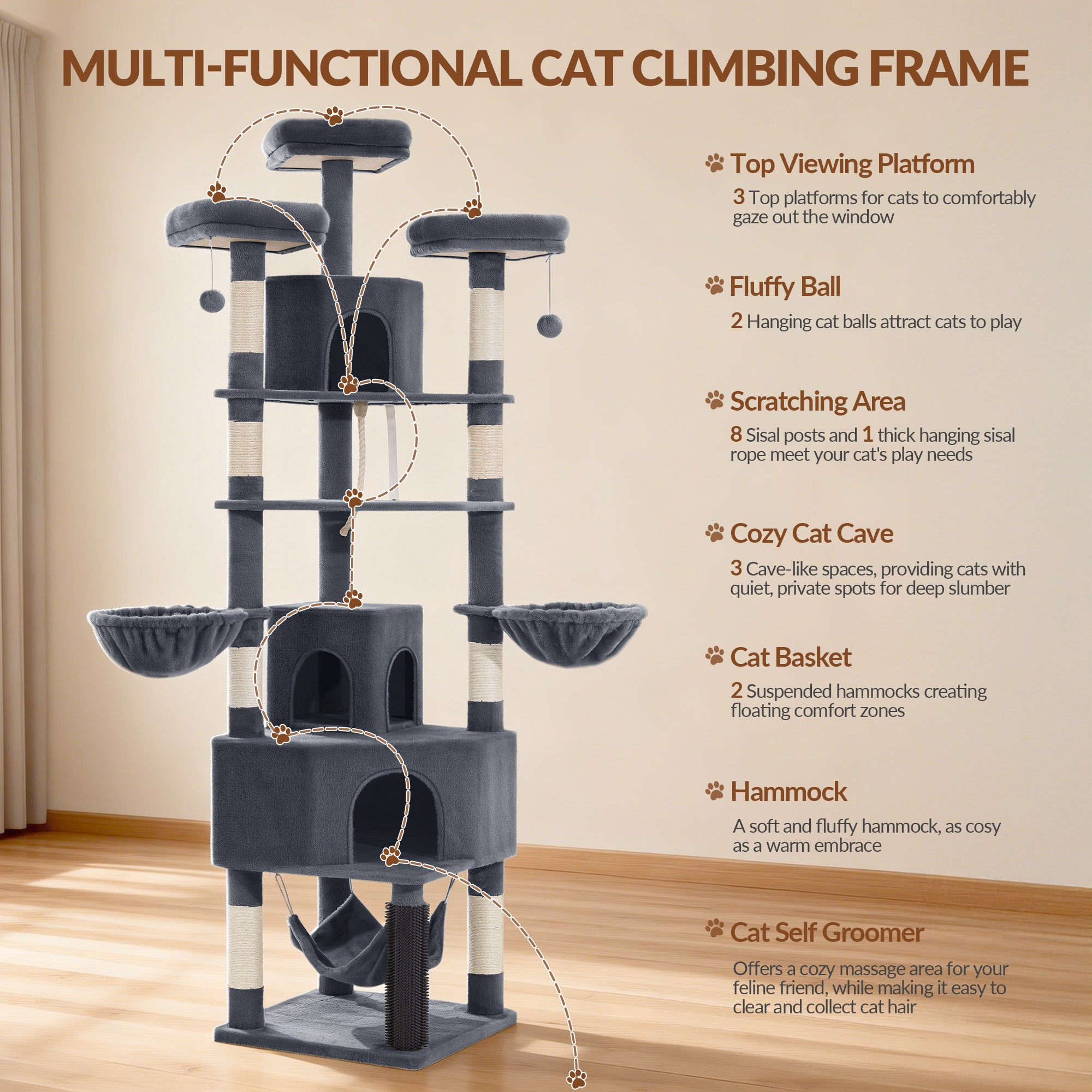 Fobyfurny Large Cat Tree, 220 cm, XXL Stable Cat Tree with Large Caves, 3 Platforms, 8 Sisal Posts, Hammock, Cat Brushes, Baskets, Thick Sisal Rope, Dark Grey FPMS011FG2