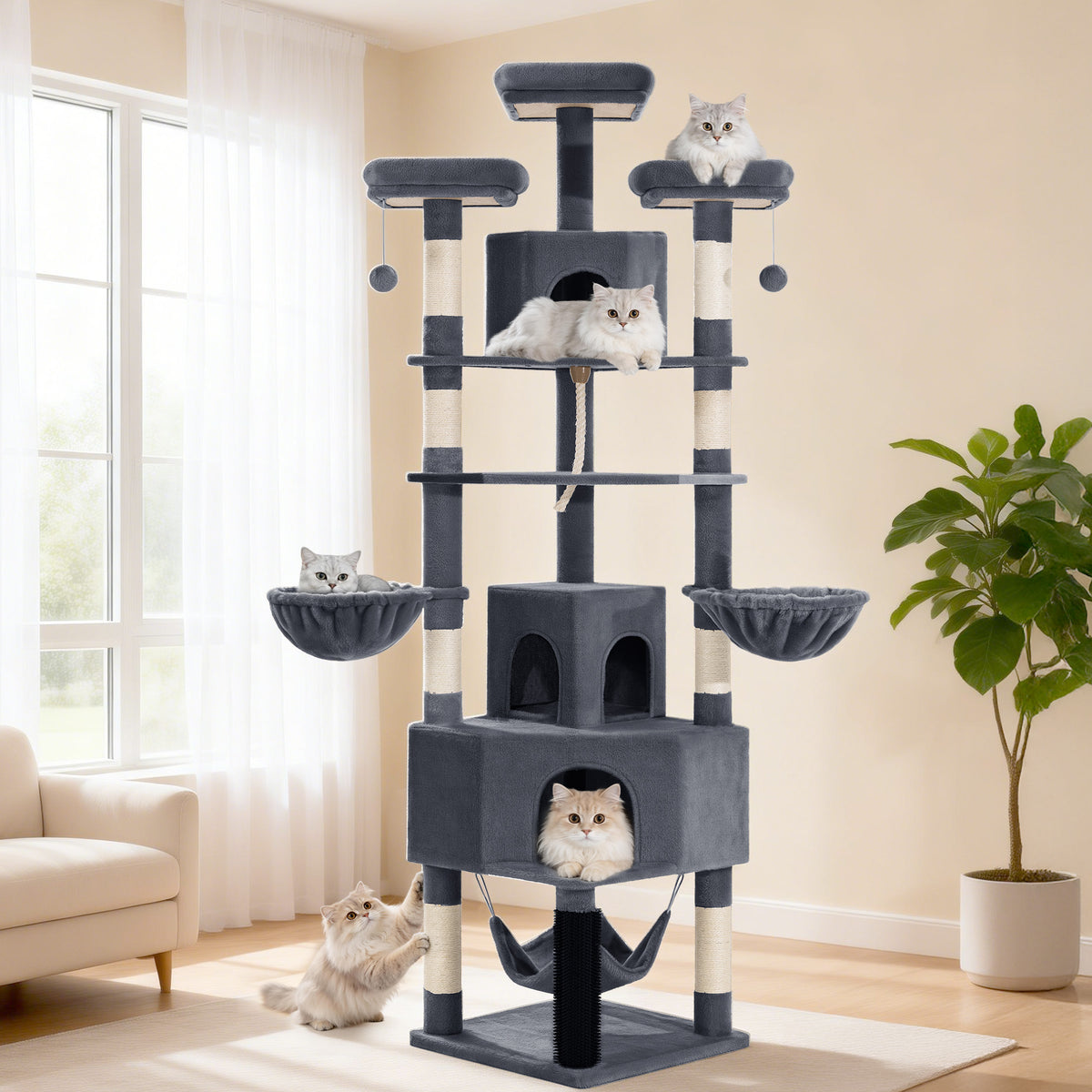 Fobyfurny Large Cat Tree, 220 cm, XXL Stable Cat Tree with Large Caves, 3 Platforms, 8 Sisal Posts, Hammock, Cat Brushes, Baskets, Thick Sisal Rope, Dark Grey FPMS011FG2