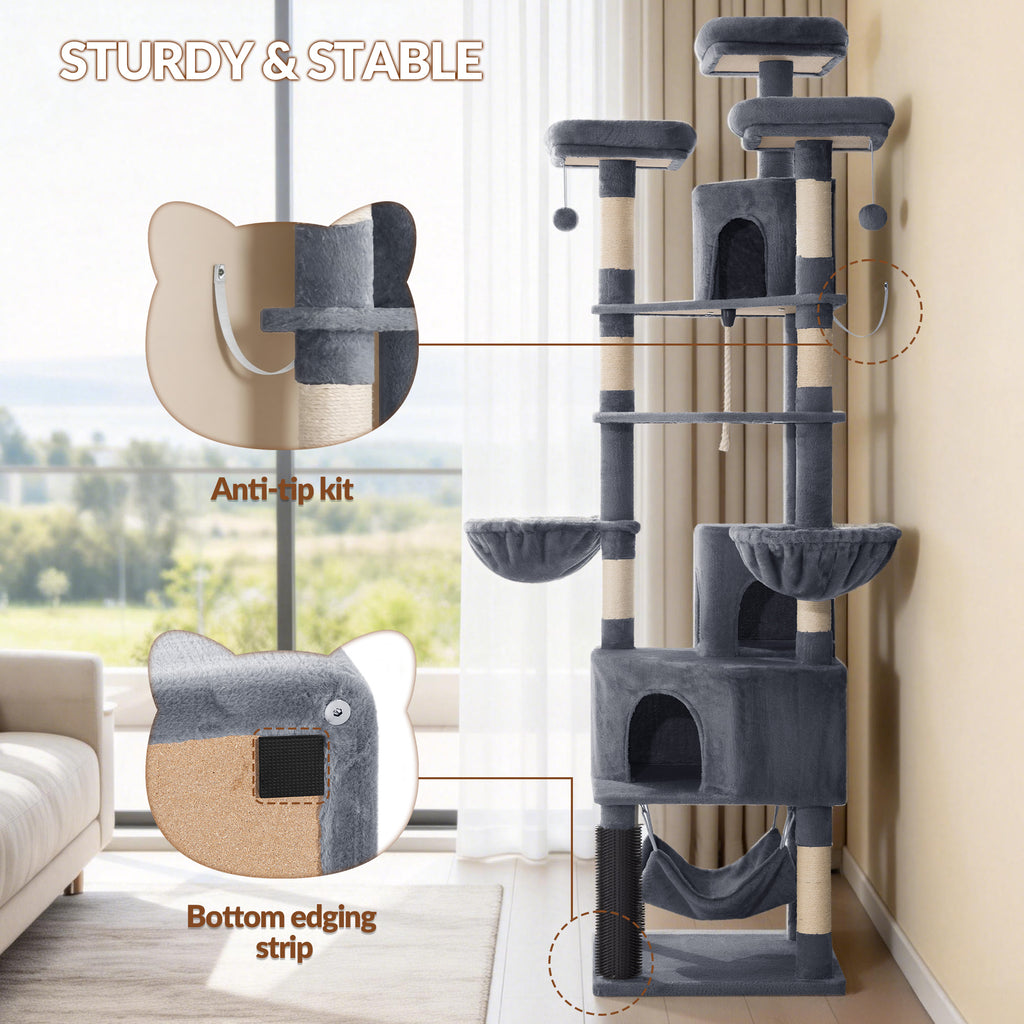 Fobyfurny Large Cat Tree, 220 cm, XXL Stable Cat Tree with Large Caves, 3 Platforms, 8 Sisal Posts, Hammock, Cat Brushes, Baskets, Thick Sisal Rope, Dark Grey FPMS011FG2