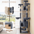 Fobyfurny Large Cat Tree, 220 cm, XXL Stable Cat Tree with Large Caves, 3 Platforms, 8 Sisal Posts, Hammock, Cat Brushes, Baskets, Thick Sisal Rope, Dark Grey FPMS011FG2