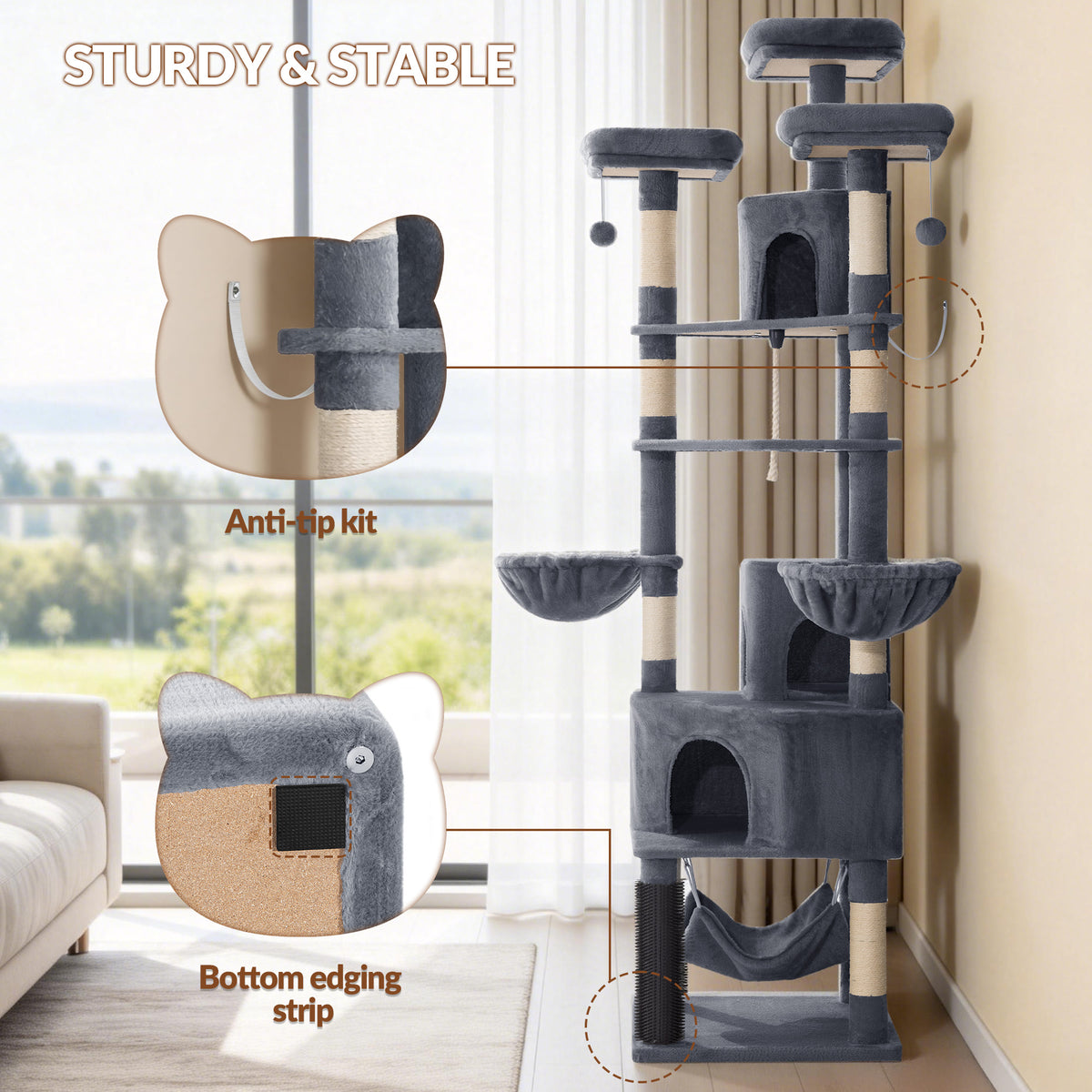Fobyfurny Large Cat Tree, 220 cm, XXL Stable Cat Tree with Large Caves, 3 Platforms, 8 Sisal Posts, Hammock, Cat Brushes, Baskets, Thick Sisal Rope, Dark Grey FPMS011FG2