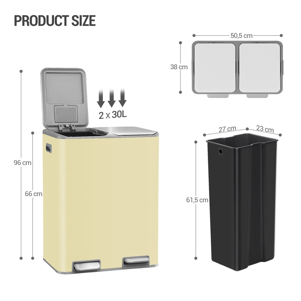 Hzuaneri Kitchen Trash Can, 2 x 30 L, 2-Compartment Waste Separation System 60 L, Stainless Steel Kitchen Trash Can, Pedal Bin, Quiet Slow-Descending Waste Bin, with 15 Exclusive Waste Bags, Beige SW06099Y