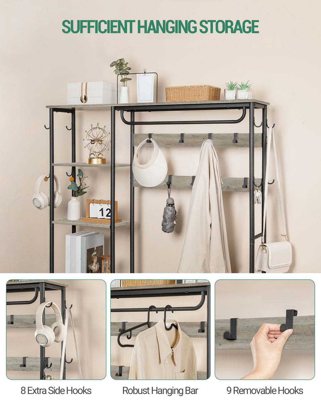 Hzuaneri Coat Rack with Shoe Bench, Wardrobe, 1 Drawer, Clothes Rack with 17 Hooks, 1 Hanging Rail, 4-Tier Side Unit, 120 x 40 x 182 cm, Light Ivory and Black HT03505B