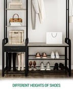 Hzuaneri Coat Rack with Shoe Bench, Wardrobe, 1 Drawer, Clothes Rack with 17 Hooks, 1 Hanging Rail, 4-Tier Side Unit, 120 x 40 x 182 cm, Light Ivory and Black HT03505B