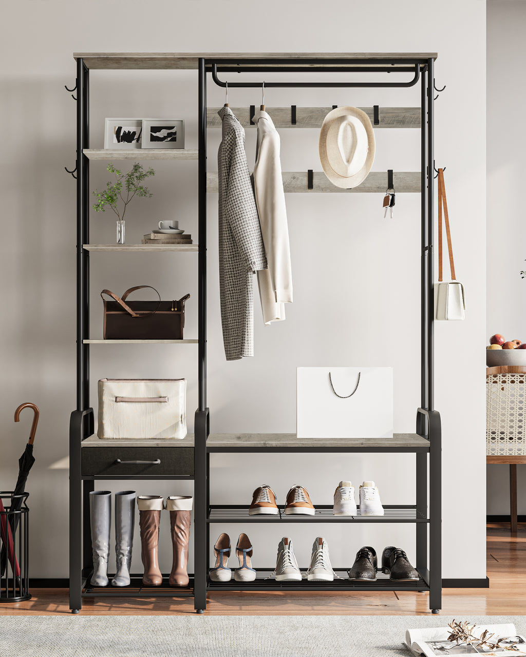 Hzuaneri Coat Rack with Shoe Bench, Wardrobe, 1 Drawer, Clothes Rack with 17 Hooks, 1 Hanging Rail, 4-Tier Side Unit, 120 x 40 x 182 cm, Light Ivory and Black HT03505B