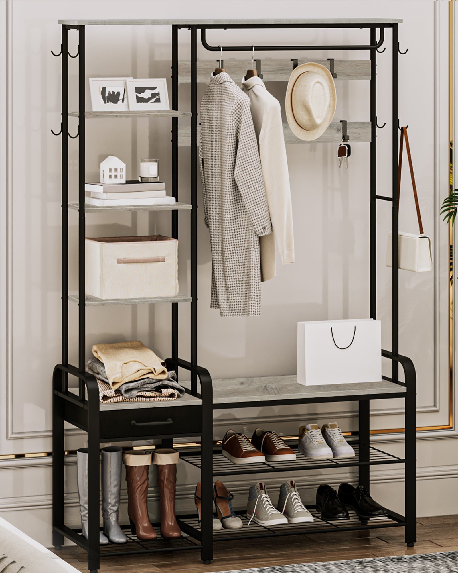 Hzuaneri Coat Rack with Shoe Bench, Wardrobe, 1 Drawer, Clothes Rack with 17 Hooks, 1 Hanging Rail, 4-Tier Side Unit, 120 x 40 x 182 cm, Light Ivory and Black HT03505B