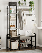 Hzuaneri Coat Rack with Shoe Bench, Wardrobe, 1 Drawer, Clothes Rack with 17 Hooks, 1 Hanging Rail, 4-Tier Side Unit, 120 x 40 x 182 cm, Light Ivory and Black HT03505B