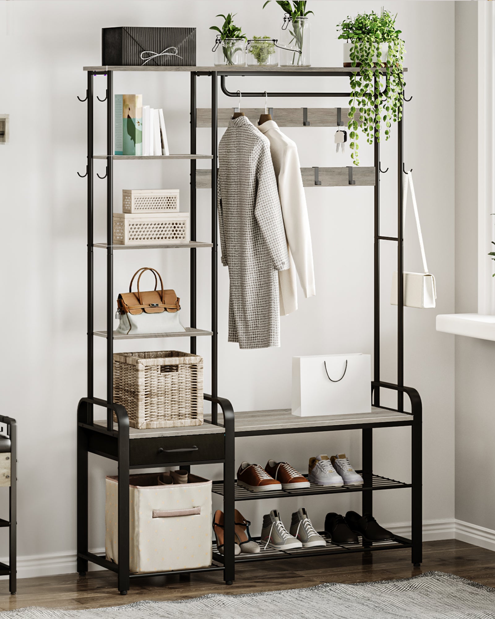 Hzuaneri Coat Rack with Shoe Bench, Wardrobe, 1 Drawer, Clothes Rack with 17 Hooks, 1 Hanging Rail, 4-Tier Side Unit, 120 x 40 x 182 cm, Light Ivory and Black HT03505B