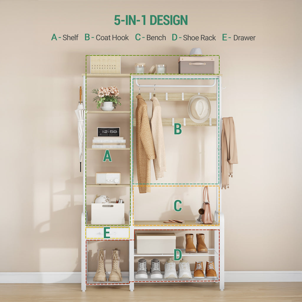 Hzuaneri HT03516W Coat Stand with Shoe Bench, 1 Drawer, Clothes Rack with 17 Hooks, 1 Hanging Rail, 4-Tier Side Frame, 120 x 40 x 182 cm, Gold Oak and White HT03516W
