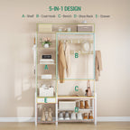 Hzuaneri HT03516W Coat Stand with Shoe Bench, 1 Drawer, Clothes Rack with 17 Hooks, 1 Hanging Rail, 4-Tier Side Frame, 120 x 40 x 182 cm, Gold Oak and White HT03516W
