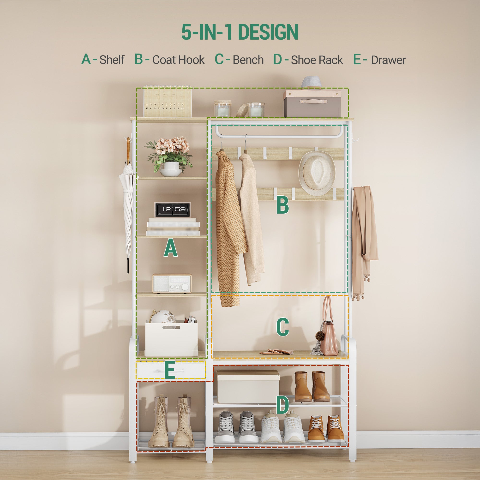 Hzuaneri HT03516W Coat Stand with Shoe Bench, 1 Drawer, Clothes Rack with 17 Hooks, 1 Hanging Rail, 4-Tier Side Frame, 120 x 40 x 182 cm, Gold Oak and White HT03516W