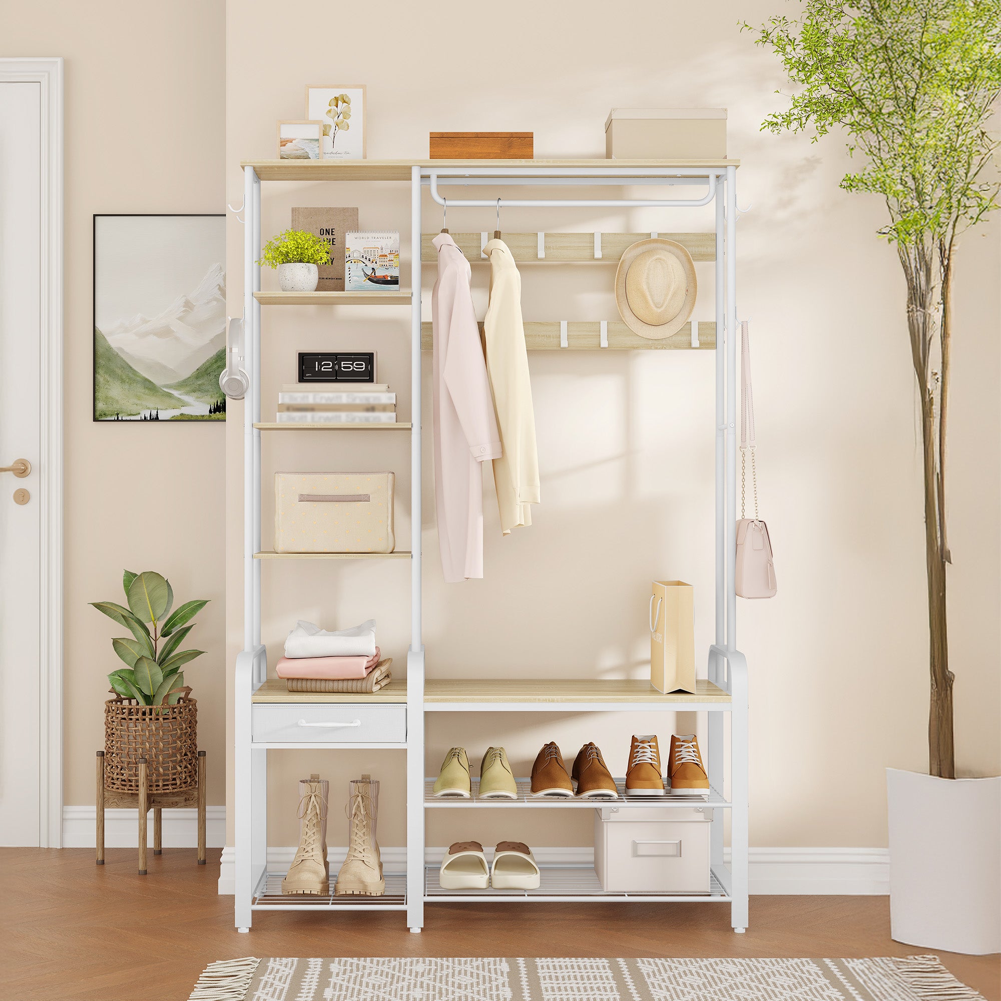 Hzuaneri HT03516W Coat Stand with Shoe Bench, 1 Drawer, Clothes Rack with 17 Hooks, 1 Hanging Rail, 4-Tier Side Frame, 120 x 40 x 182 cm, Gold Oak and White HT03516W