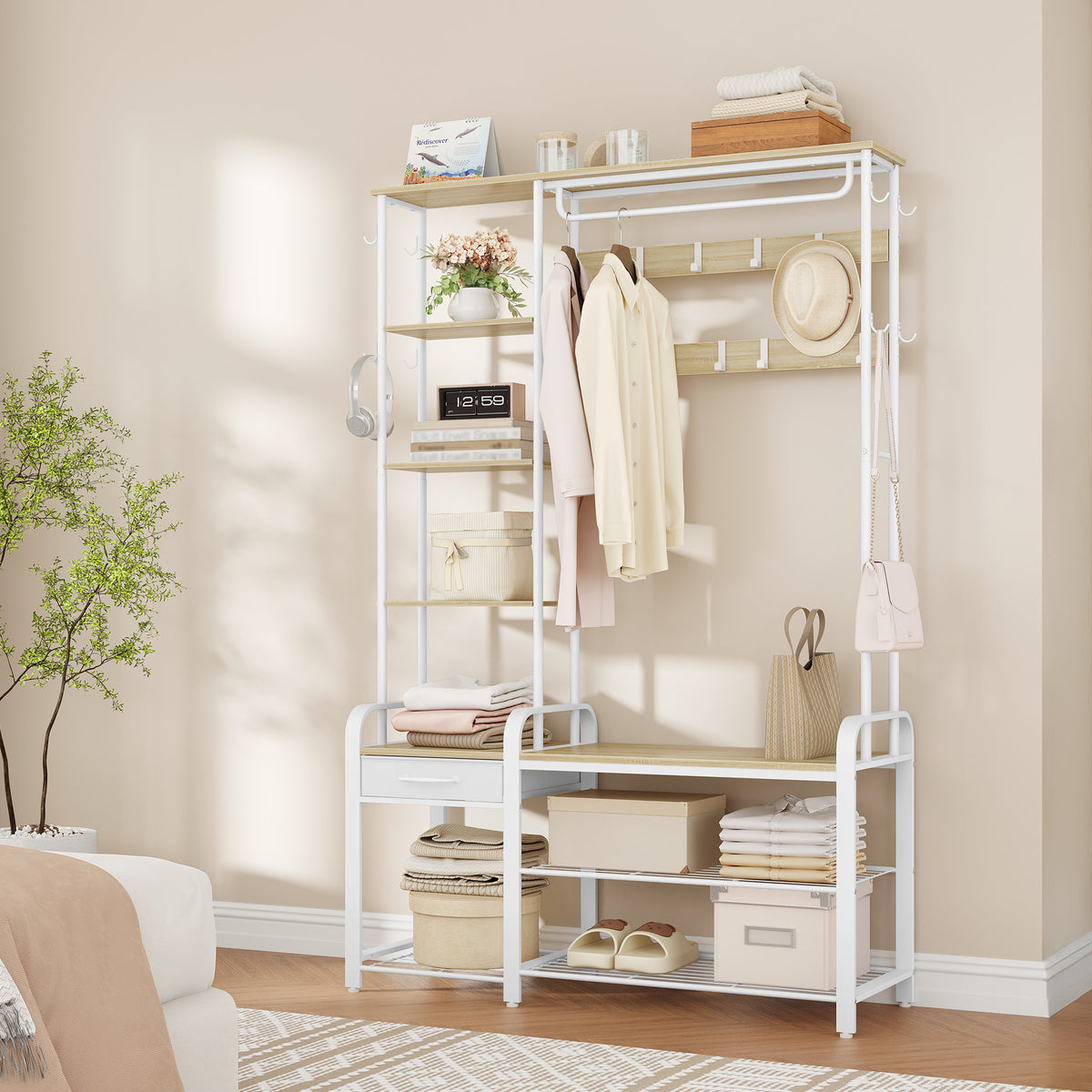 Hzuaneri HT03516W Coat Stand with Shoe Bench, 1 Drawer, Clothes Rack with 17 Hooks, 1 Hanging Rail, 4-Tier Side Frame, 120 x 40 x 182 cm, Gold Oak and White HT03516W