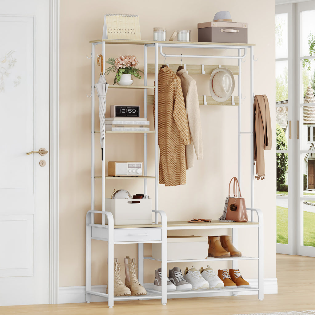 Hzuaneri HT03516W Coat Stand with Shoe Bench, 1 Drawer, Clothes Rack with 17 Hooks, 1 Hanging Rail, 4-Tier Side Frame, 120 x 40 x 182 cm, Gold Oak and White HT03516W