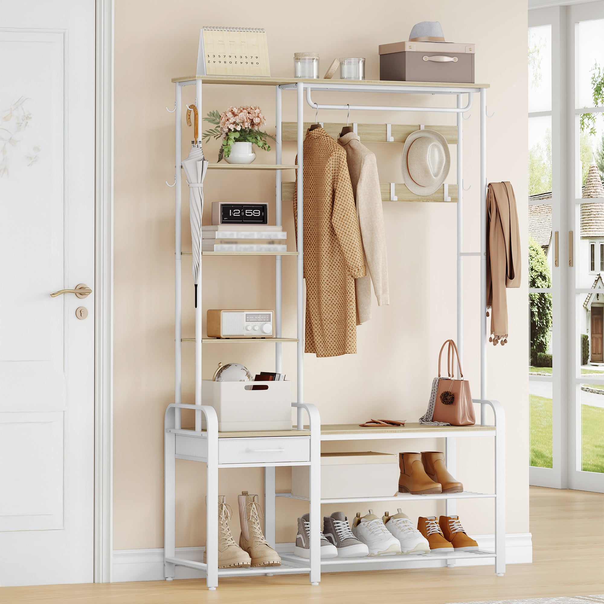 Hzuaneri HT03516W Coat Stand with Shoe Bench, 1 Drawer, Clothes Rack with 17 Hooks, 1 Hanging Rail, 4-Tier Side Frame, 120 x 40 x 182 cm, Gold Oak and White HT03516W