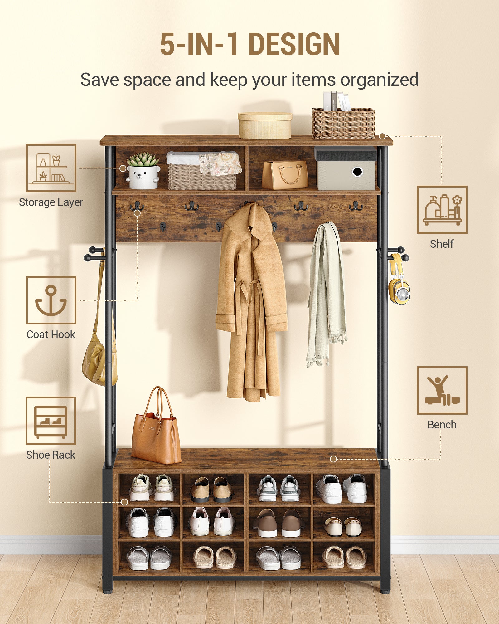 Hzuaneri Coat Rack with Shoe Bench, Wardrobe with 13 Hooks, 14 Open Compartments, Adjustable Shelves, Clothes Rack for Hallway, Entrance Area, 31 x 110 x 187 cm, Vintage Brown-Black HT17901B