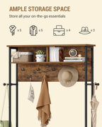 Hzuaneri Coat Rack with Shoe Bench, Wardrobe with 13 Hooks, 14 Open Compartments, Adjustable Shelves, Clothes Rack for Hallway, Entrance Area, 31 x 110 x 187 cm, Vintage Brown-Black HT17901B