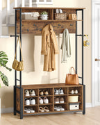 Hzuaneri Coat Rack with Shoe Bench, Wardrobe with 13 Hooks, 14 Open Compartments, Adjustable Shelves, Clothes Rack for Hallway, Entrance Area, 31 x 110 x 187 cm, Vintage Brown-Black HT17901B