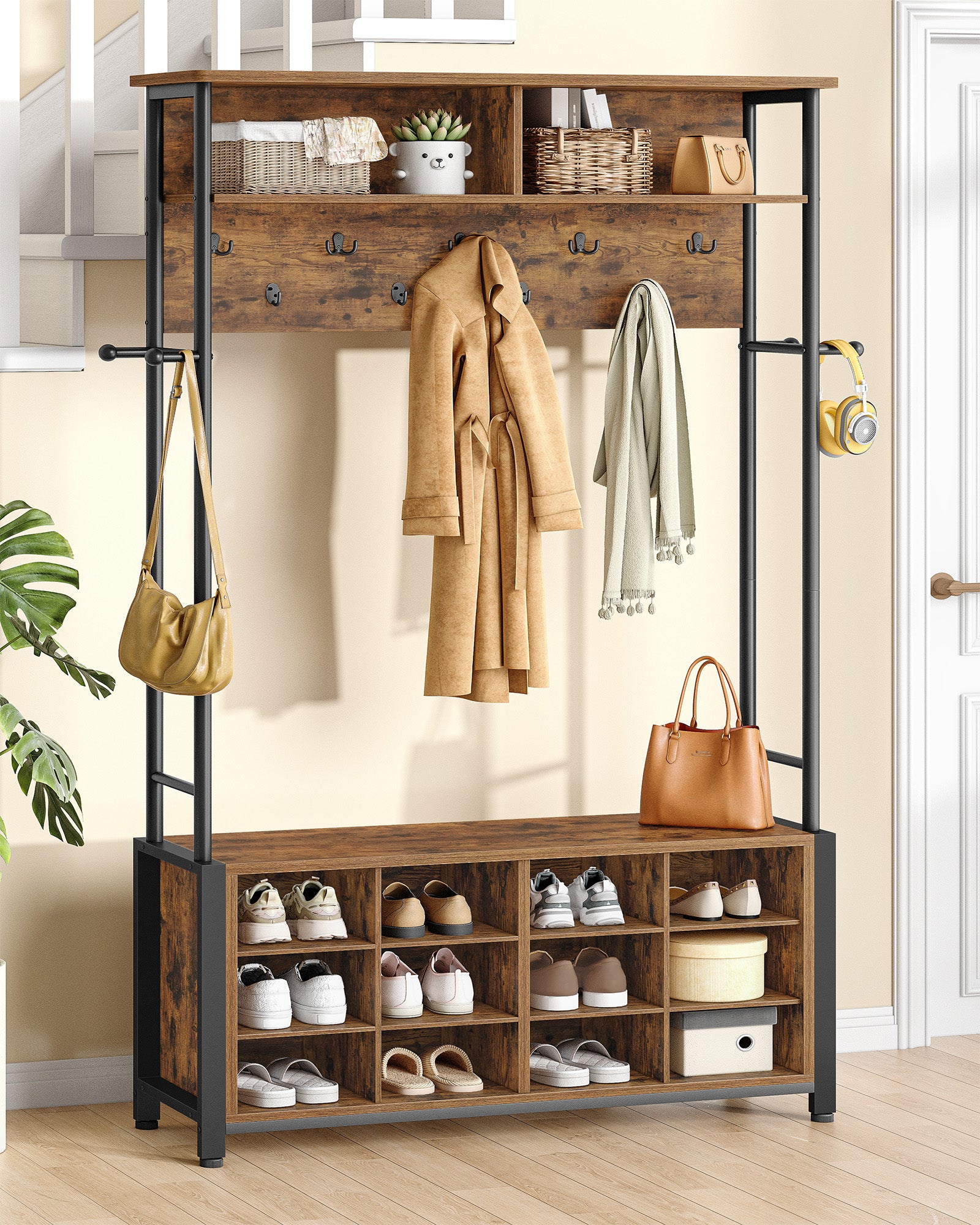 Hzuaneri Coat Rack with Shoe Bench, Wardrobe with 13 Hooks, 14 Open Compartments, Adjustable Shelves, Clothes Rack for Hallway, Entrance Area, 31 x 110 x 187 cm, Vintage Brown-Black HT17901B