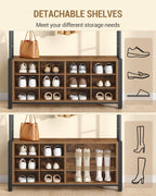 Hzuaneri Coat Rack with Shoe Bench, Wardrobe with 13 Hooks, 14 Open Compartments, Adjustable Shelves, Clothes Rack for Hallway, Entrance Area, 31 x 110 x 187 cm, Vintage Brown-Black HT17901B