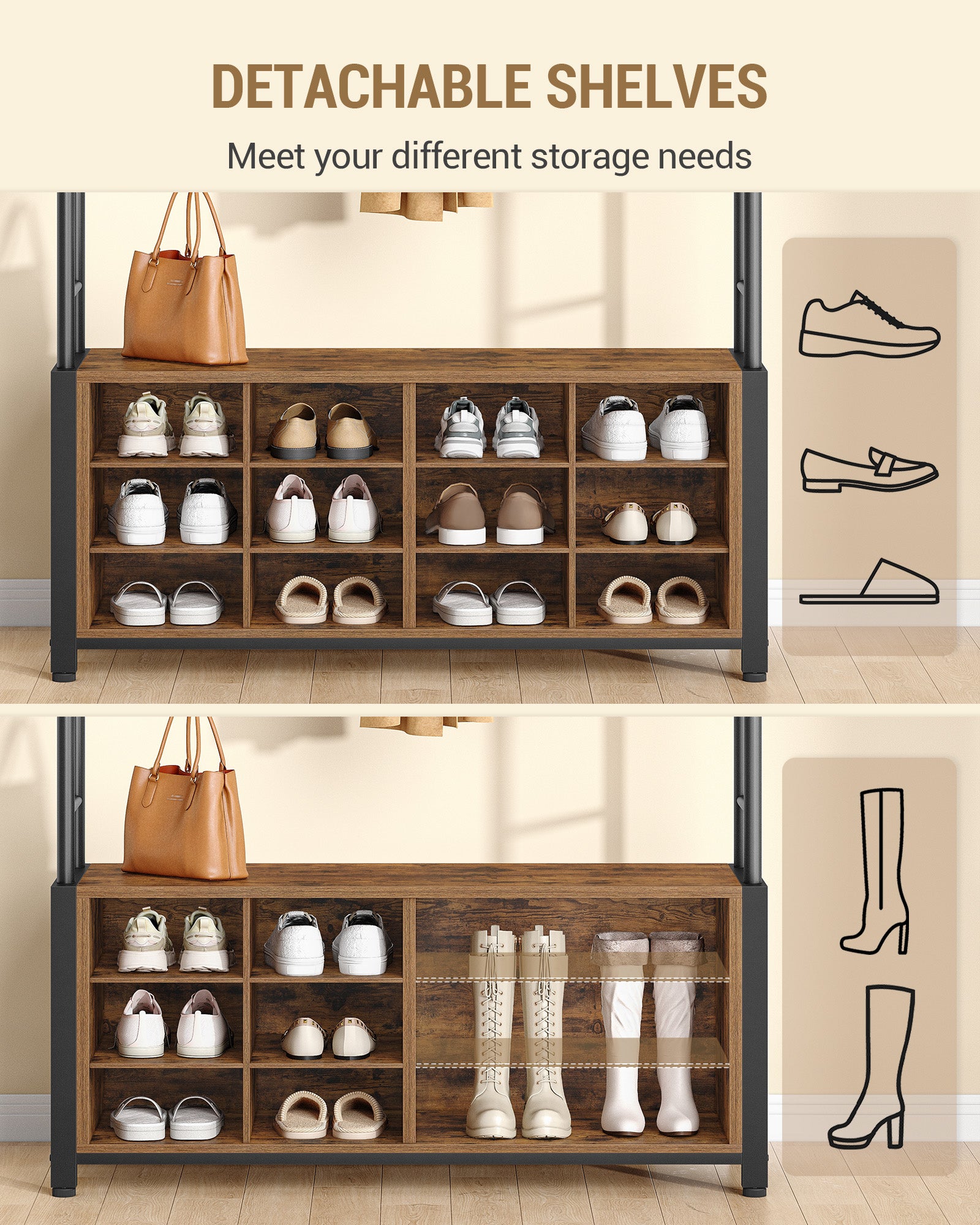 Hzuaneri Coat Rack with Shoe Bench, Wardrobe with 13 Hooks, 14 Open Compartments, Adjustable Shelves, Clothes Rack for Hallway, Entrance Area, 31 x 110 x 187 cm, Vintage Brown-Black HT17901B