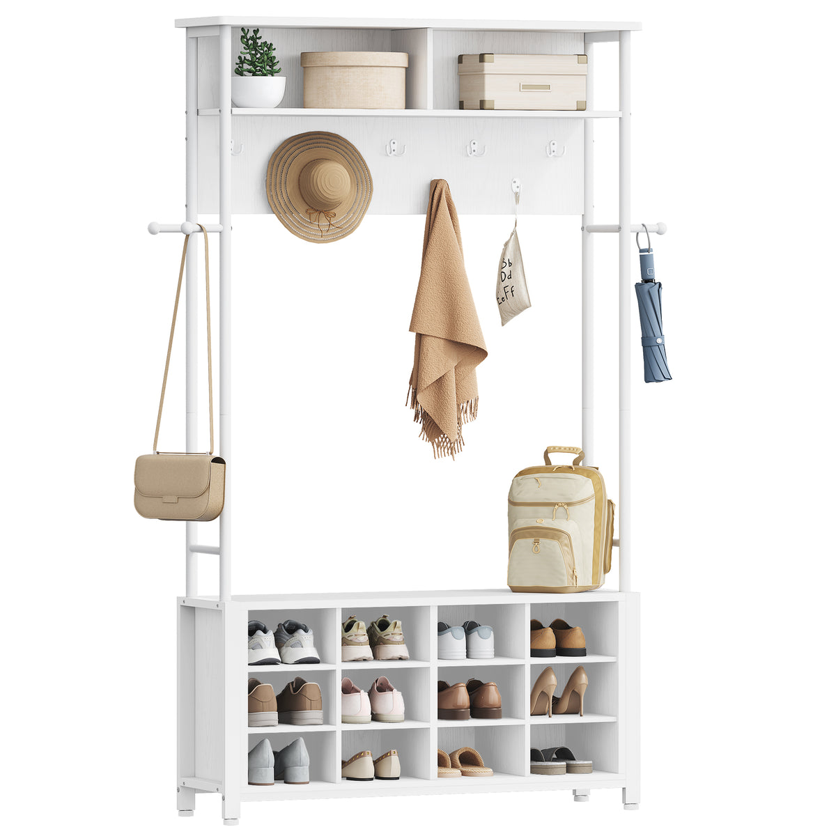 Hzuaneri Coat Rack, Entryway Furniture with Shoe Bench, 14 Open Compartments, 13 Shelves, Industrial Style, for Entryway/Hallway, 31 x 110 x 187 cm, White HT17913W